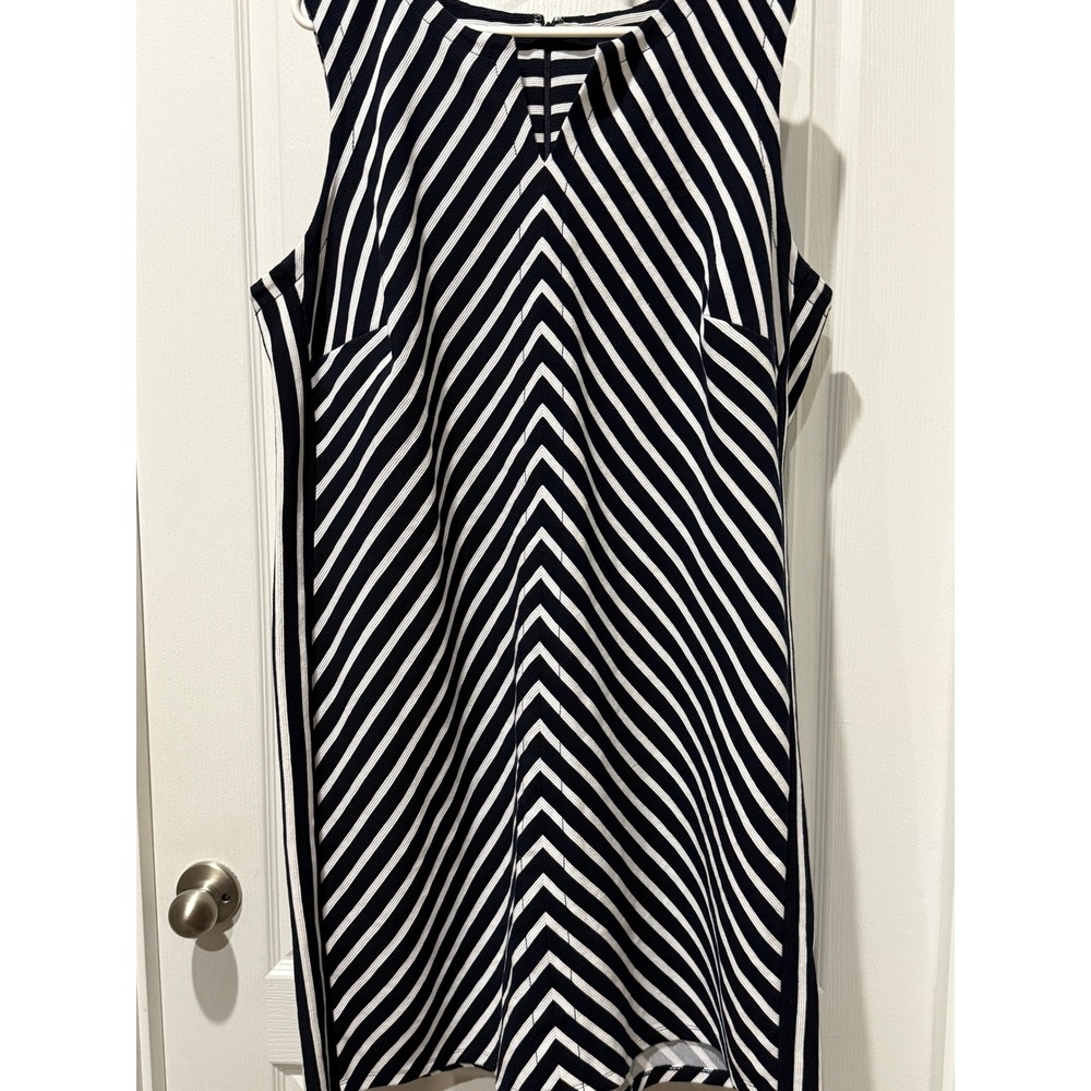 Talbots Plus Navy White Striped Sleeveless Shift Dress 2X Ribbed Knit V-Neck